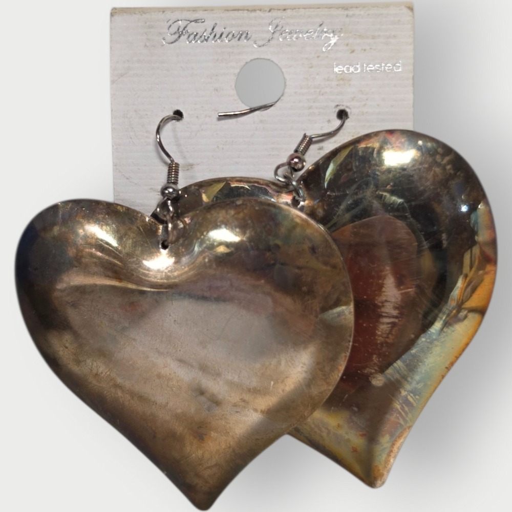 NEW Vintage Silver Tone Large OVERSIZED Heart Statement Earrings 3.25" NOS Hook